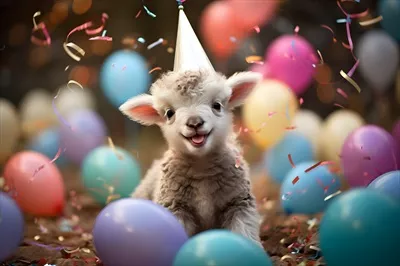 عکس برگزاری جشن تولد برای یک بره خوشحال و بانمک با کلاه جشن و شادی