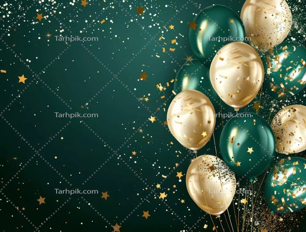 عکس طرح زیبا با بادکنک های طلایی و سبز برای جشن تولد و تبریک