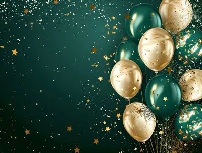 عکس طرح زیبا با بادکنک های طلایی و سبز برای جشن تولد و تبریک