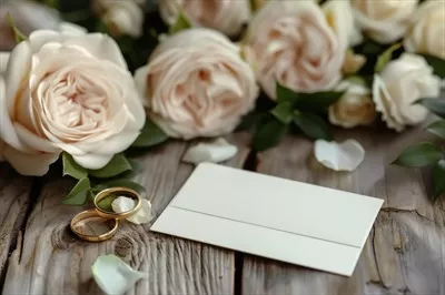 عکس دو حلقه عروسی و کارت تبریک در یک طراحی زیبا بر روی میز چوبی
