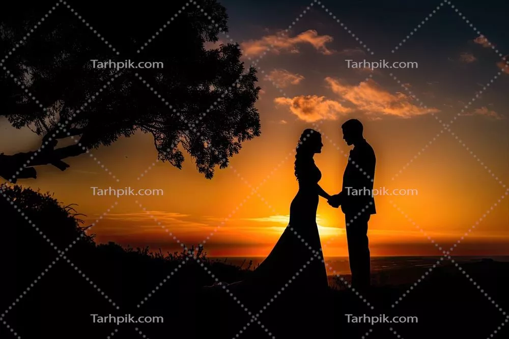 عکس سایه نما از یک زوج تازه ازدواج کرده در پس زمینه غروب آفتاب
