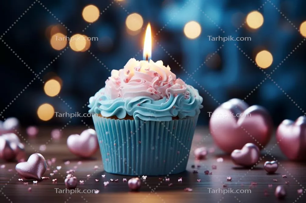 عکس کیک تولد با شمع آبی و تزئینات قلبی زیبا و خوشمزه