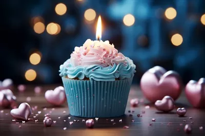 عکس کیک تولد با شمع آبی و تزئینات قلبی زیبا و خوشمزه