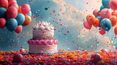 عکس کیک تولد تولید شده با هوش مصنوعی در میان بادکنک ها و ریزه کاری ها