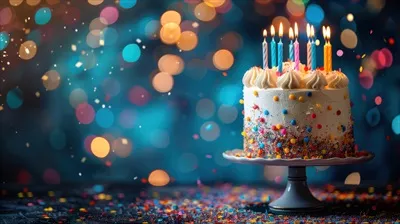 عکس جشن تولدی شاد با کیک و شمع های رنگارنگ در فضایی دلنشین
