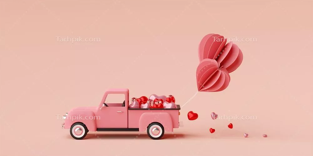 عکس تصویری زیبا از کامیونی پر از بادکنک های قلبی برای روز ولنتاین