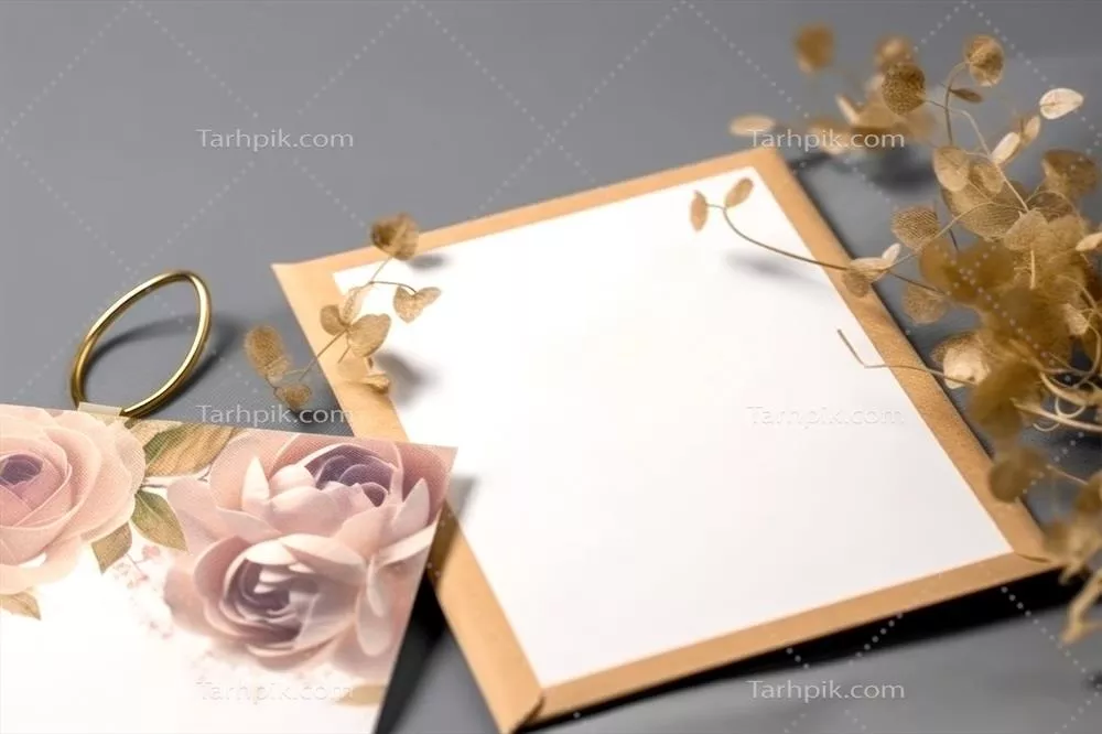 عکس طرح زیبا و شیک کارت دعوت عروسی با گل های طبیعی و برگ های طلایی