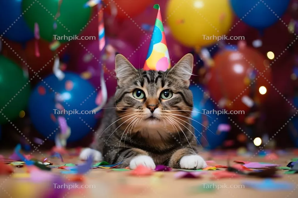 عکس گربه ای شاد و دوست داشتنی در کلاه جشن تولد، در حال جشن گرفتن با بادکنک ها و برف شادی