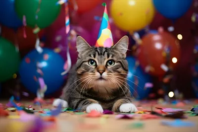 عکس گربه ای شاد و دوست داشتنی در کلاه جشن تولد، در حال جشن گرفتن با بادکنک ها و برف شادی
