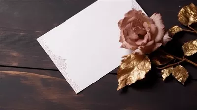 عکس تصویری زیبا از گل رز و برگ های طلایی بر روی کاغذ سفید در پس زمینه چوبی