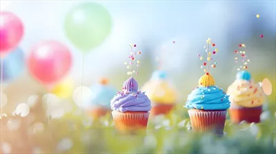 عکس کیک تولد زیبا با بادکنک های رنگارنگ در پس زمینه شاد