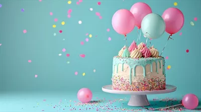 عکس کیک تولد کودکانه با شمع و بادکنک در پس زمینه مینیمالیستی و زنده