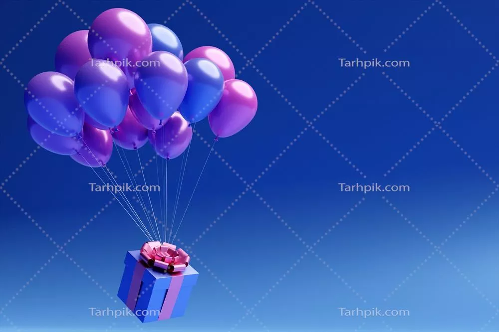 عکس تصویری زیبا از هدیه ای در جعبه ای بنفش با روبان ساتن و بادکنک های شاد