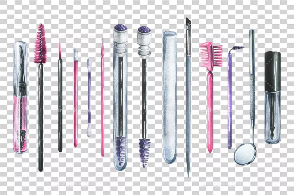 عکس دوربری مجموعه ای از ابزارهای آرایشی شامل برس، شانه و آینه برای لمینت مژه