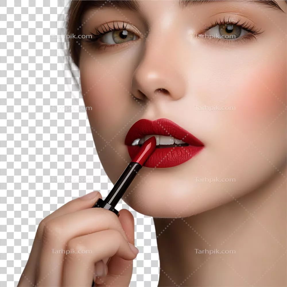 عکس دوربری زنی جوان که با دقت رژ لب قرمز را روی لب هایش می زند