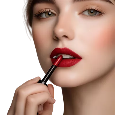 عکس دوربری زنی جوان که با دقت رژ لب قرمز را روی لب هایش می زند