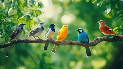 عکس پرندگان رنگارنگ نشسته بر روی شاخه در جنگل سرسبز در روز
