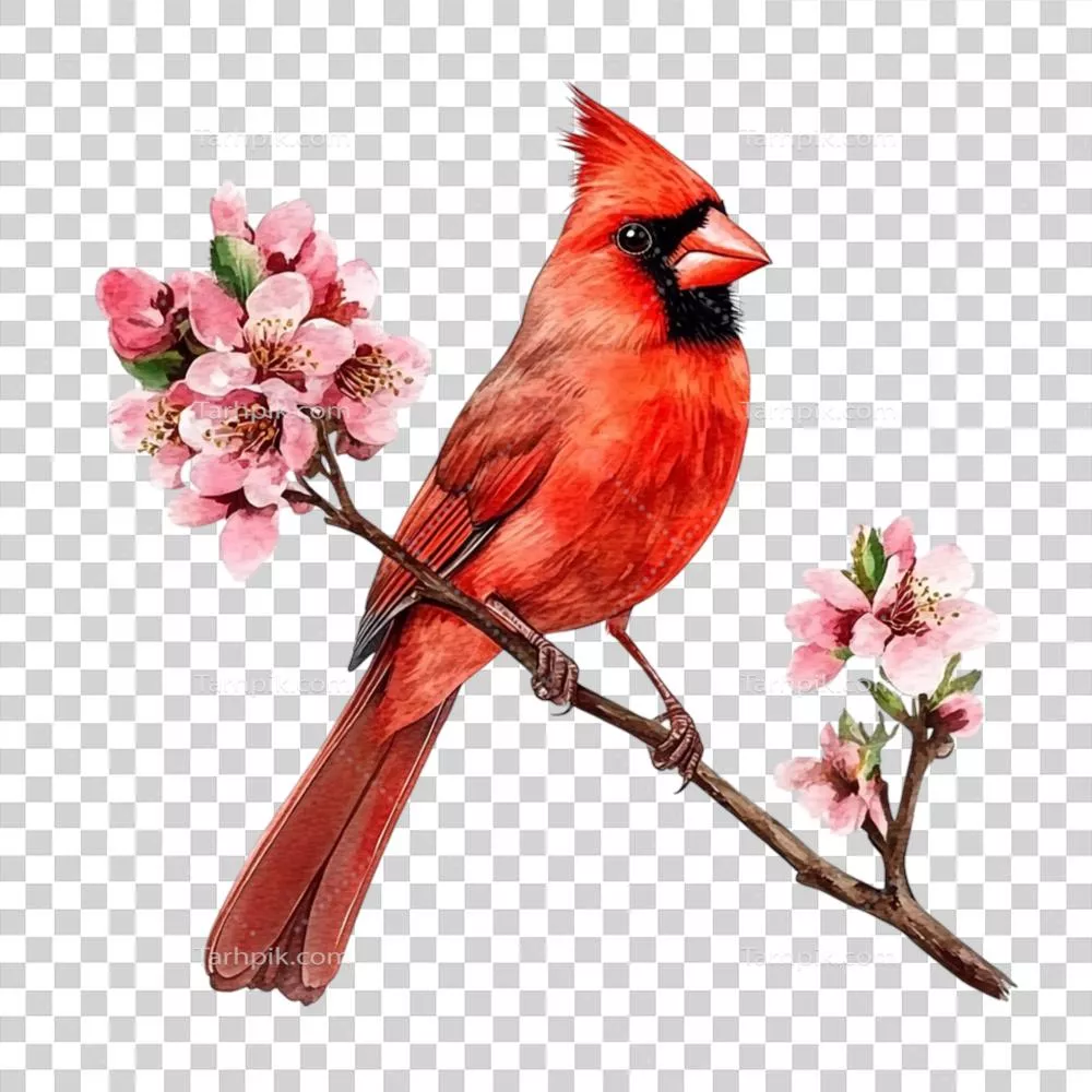 عکس دوربری پرنده کاردینال نشسته بر شاخه ای با گل های صورتی زیبا