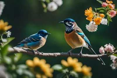 عکس دو پرنده زیبا در حال نشستن بر روی شاخه درخت با گل های رنگارنگ