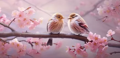 عکس دو پرنده زیبا بر روی شاخه گل صورتی نشسته اند و آرامش را به تصویر می کشند