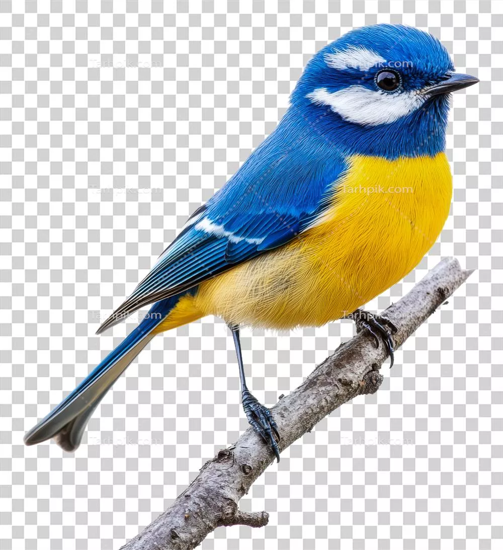 عکس دوربری پرنده ای زیبا با رنگ های آبی و زرد بر روی شاخه درخت نشسته است