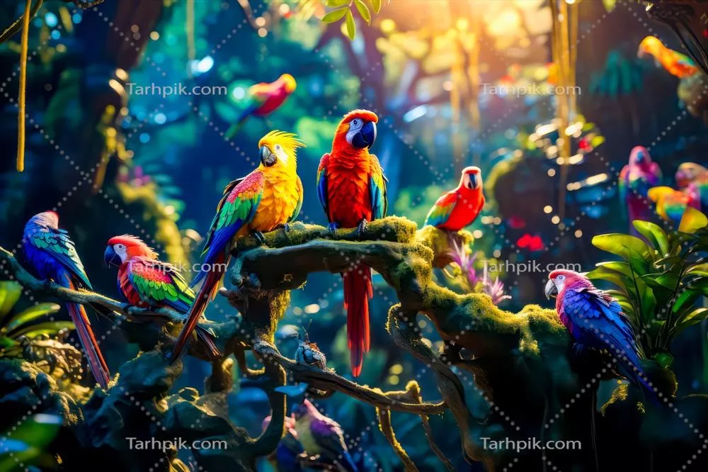 عکس گروهی از پرندگان رنگارنگ نشسته بر روی شاخه درخت در جنگل