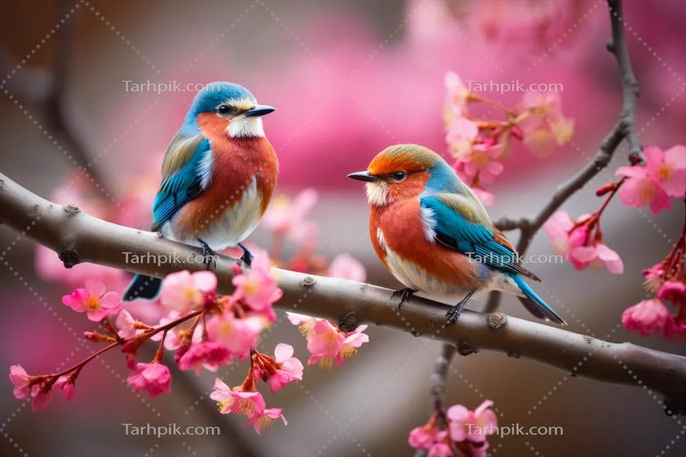 عکس پرندگان رنگارنگ بر روی درخت گیلاس در یک روز آفتابی
