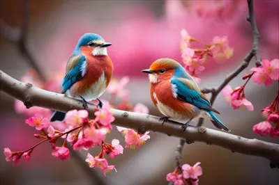 عکس پرندگان رنگارنگ بر روی درخت گیلاس در یک روز آفتابی