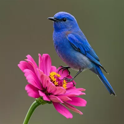 عکس پرنده آبی زیبا بر روی گل صورتی در یک روز آفتابی