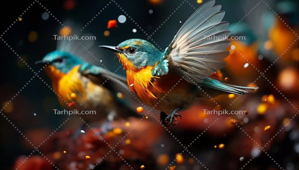 عکس پرنده ای رنگارنگ و زنده که بر روی شاخه ای در فضای باز نشسته است