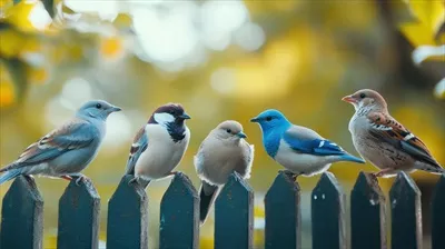 عکس پرندگان رنگارنگ نشسته بر روی نرده چوبی در میان سبزه های درخشان