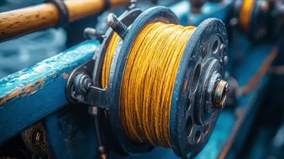 عکس چرخ ماهیگیری قدیمی با نخ زرد در محیط کارگاه روستایی