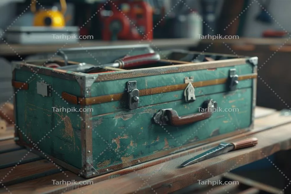 عکس جعبه ابزار قدیمی در حال استراحت بر روی میز کار با ابزارهای مختلف