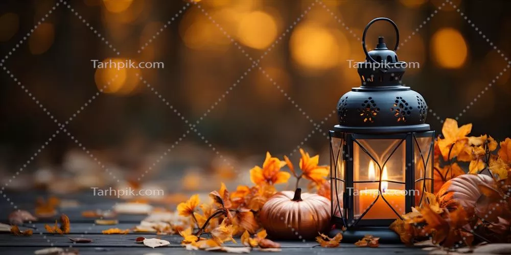عکس تزئینات فانوس پاییزی با کدو تنبل، گل ها و برگ های پاییزی برای جشن شکرگزاری یا هالووین