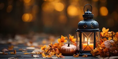 عکس تزئینات فانوس پاییزی با کدو تنبل، گل ها و برگ های پاییزی برای جشن شکرگزاری یا هالووین