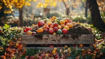 عکس باغی پر از زندگی: سطل کمپوست پر از میوه ها و سبزیجات در حال تجزیه