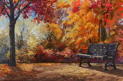 عکس صندلی پارکی دلنشین در میان برگ های پاییزی و زیبایی های طبیعت
