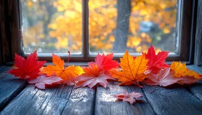 عکس نمایی زیبا از برگ های پاییزی روی یک میز چوبی در یک روز آرام