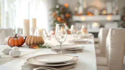 عکس چیدمان زیبا و پاییزی میز شام شکرگزاری با کدو تنبل و شمع