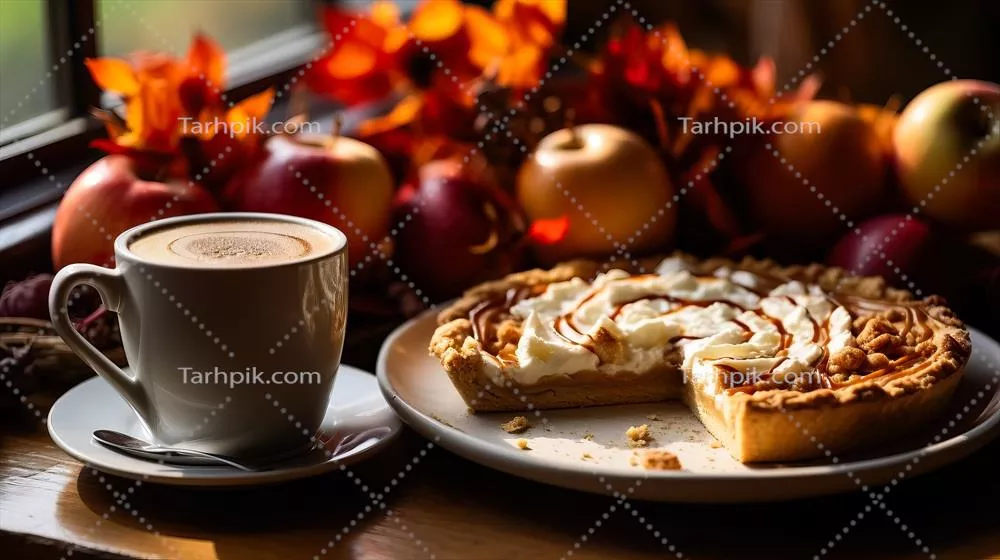 عکس لذت بردن از طعم دلپذیر لاته کدو حلوایی و پای سیب کاراملی در یک روز پاییزی دلنشین