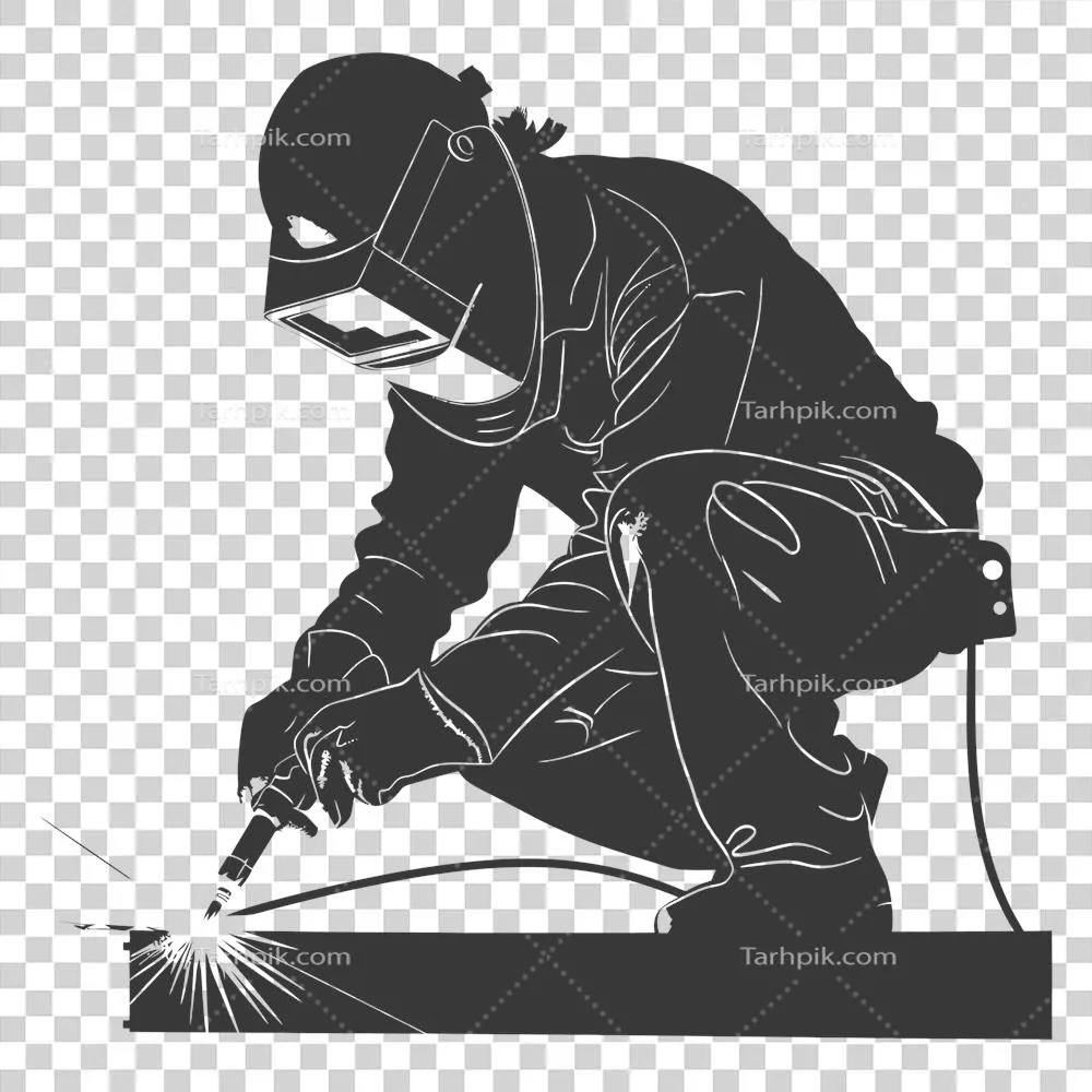 عکس دوربری تصویر سیاه و سفید از یک جوشکار در حال کار با جزئیات کامل