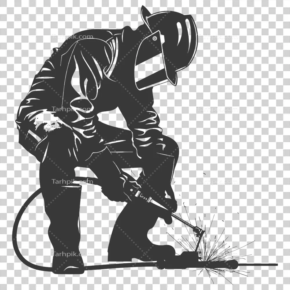 عکس دوربری تصویر سیاه و سفید از یک جوشکار در حال کار با جزئیات کامل
