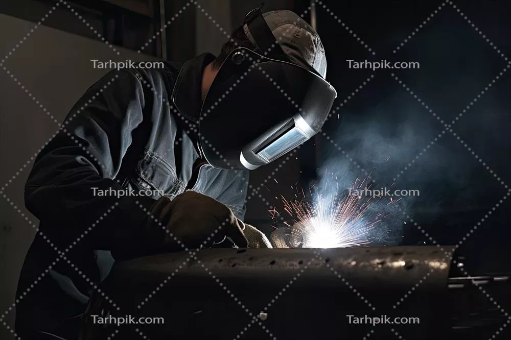 عکس کارگر مرد جوشکار در حال جوشکاری فلزات در یک سایت ساختمانی