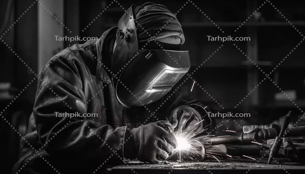 عکس کارگر فلزکاری در حال جوشکاری فولاد در کارخانه با لباس کار ایمنی