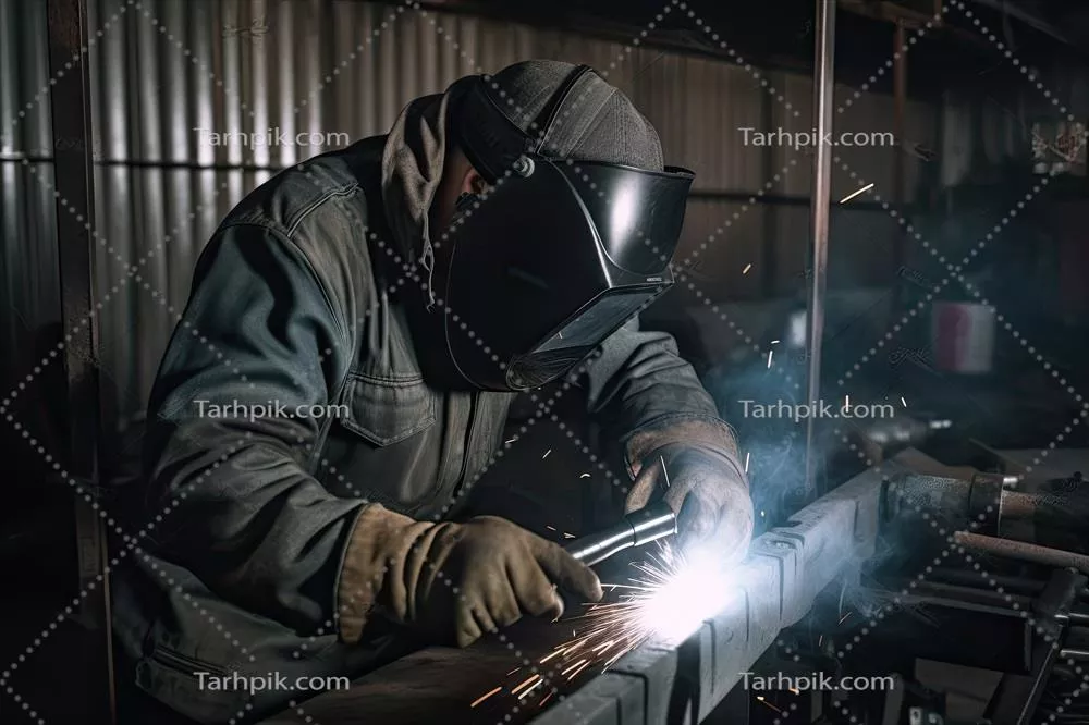 عکس کارگر صنعتی در حال جوشکاری با ماسک محافظ در کارخانه