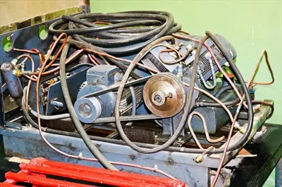 عکس موتور الکتریکی قدیمی با لوله ها و شلنگ ها در یک کارخانه صنعتی
