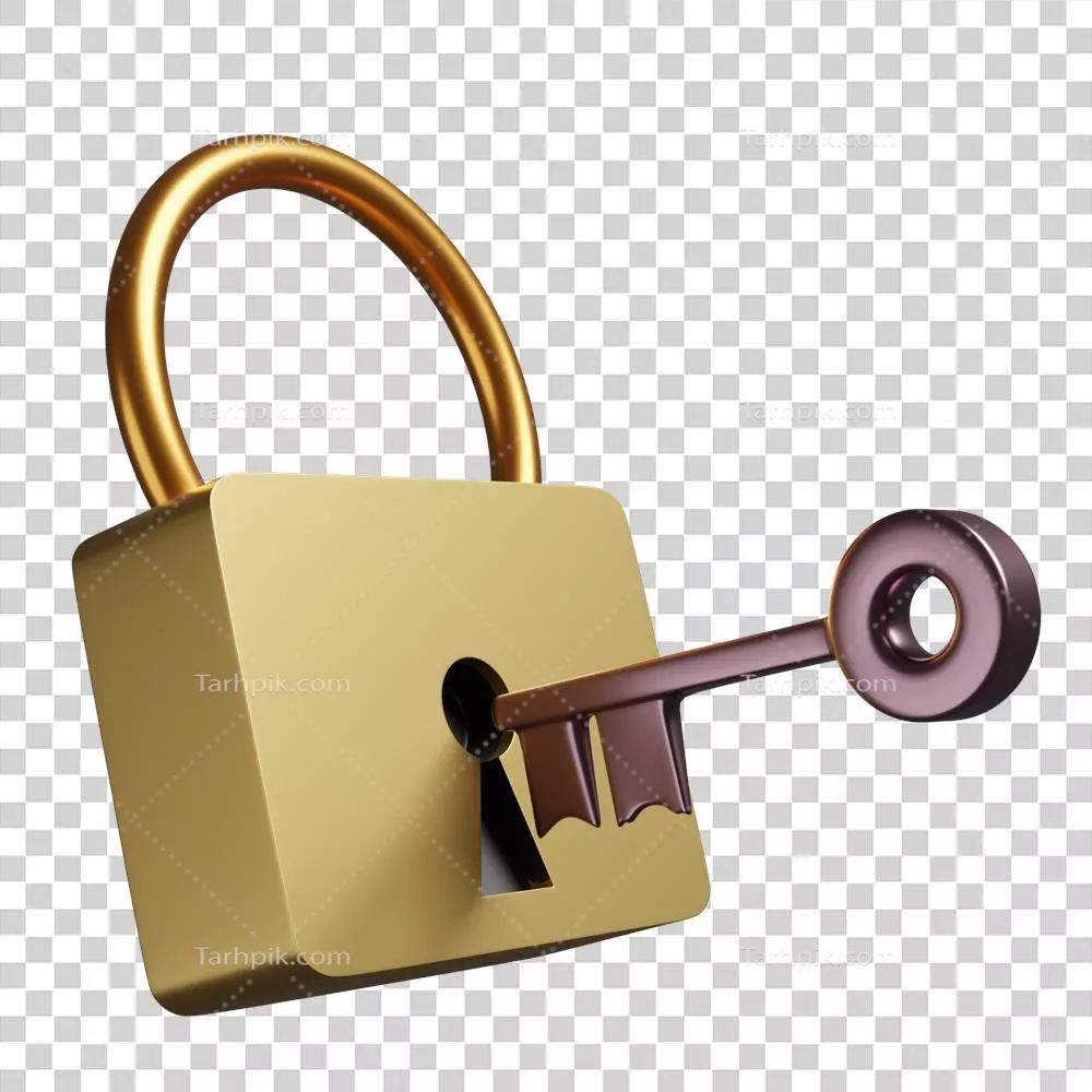 عکس دوربری تصویری زیبا از قفل طلایی و کلید مسی در فضایی خالی و جذاب