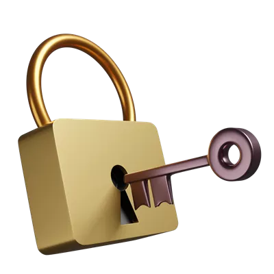 عکس دوربری تصویری زیبا از قفل طلایی و کلید مسی در فضایی خالی و جذاب