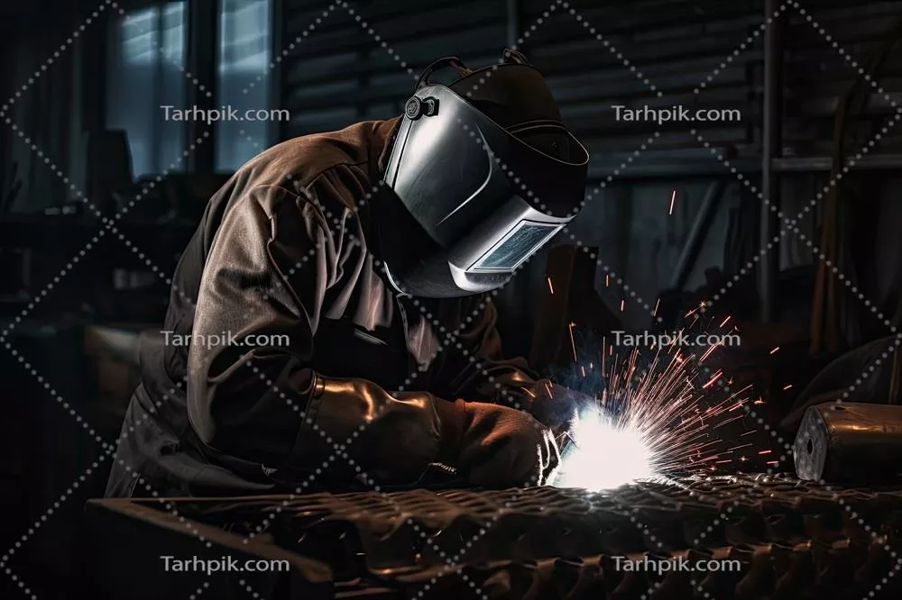 عکس کارگر جوشکار در کارخانه با لباس ایمنی و ماسک جوشکاری مشغول به کار است