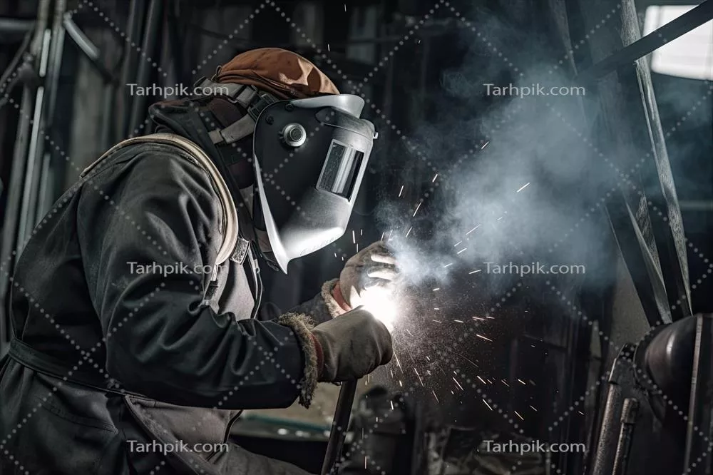 عکس کارگر جوشکار در حال جوشکاری فلز با ماسک محافظ در کارخانه